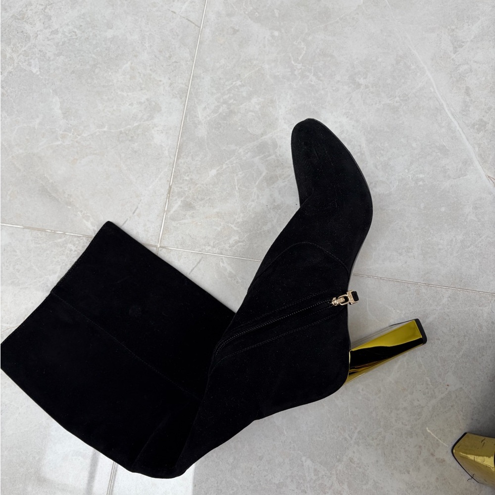 Fendi Black Suede Knee Boot with Gold Metallic Heel